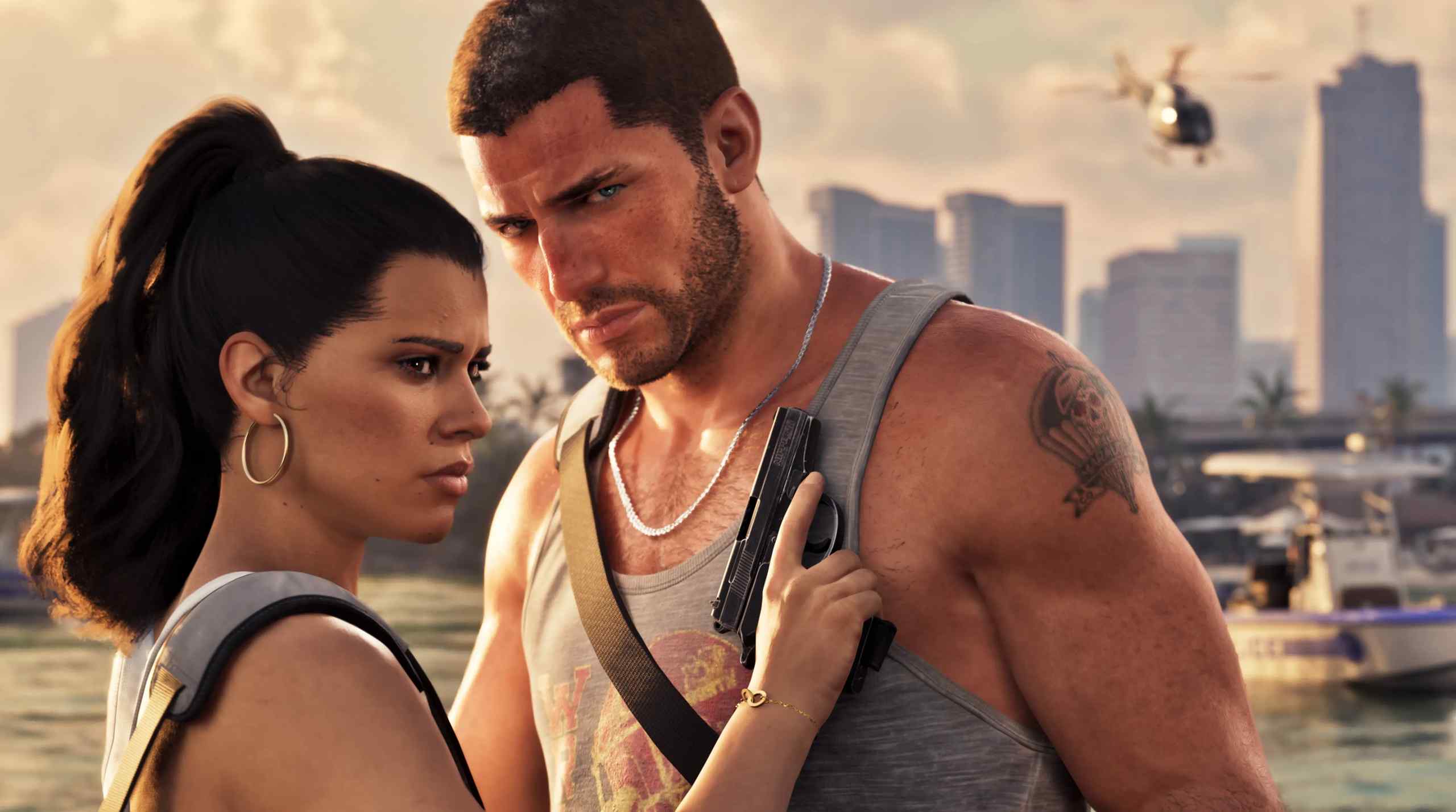 GTA VI promotional material featuring it's main characters Lucia and Jason.